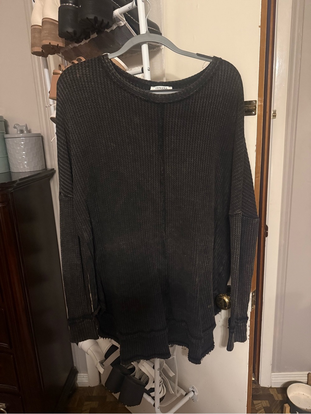 Zenana Outfitters Black Waffle-Knit Scoop Neck Sweater